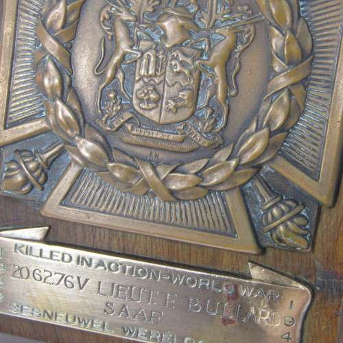 WW2 Death plaque to 206276V Lieutenant Francis Bullard, SA Air Force 15 Squadron