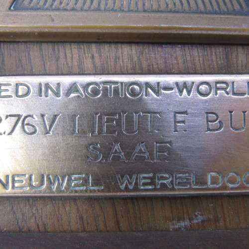 WW2 Death plaque to 206276V Lieutenant Francis Bullard, SA Air Force 15 Squadron