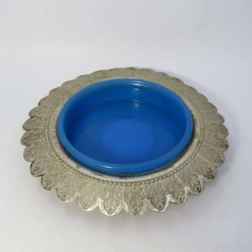 Vintage silverplated butter dish with blue glass inner