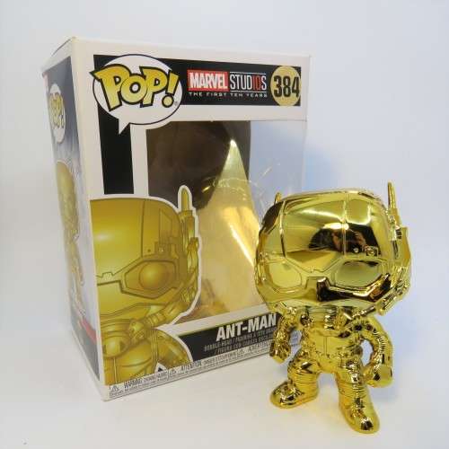 Funko Pop Marvel Studios #384 Ant-Man Gold Chrome edition bobble-head figure in box