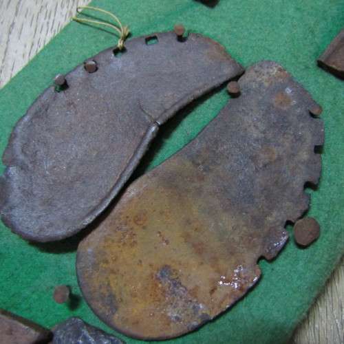 Board with antique horseshoes, some for oxen and ponies originating from South West Africa