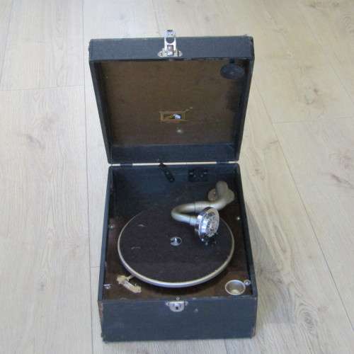 Vintage His Masters Voice portable gramophone - working - handle leather missing