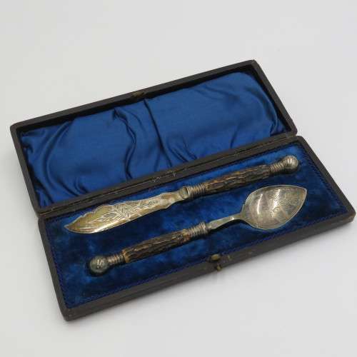 Antique Jam Spoon and butter knife set in case by Francis Howard