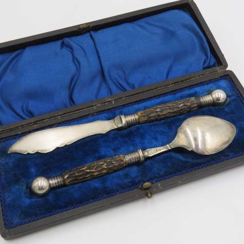 Antique Jam Spoon and butter knife set in case by Francis Howard