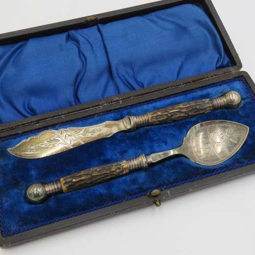 Antique Jam Spoon and butter knife set in case by Francis Howard