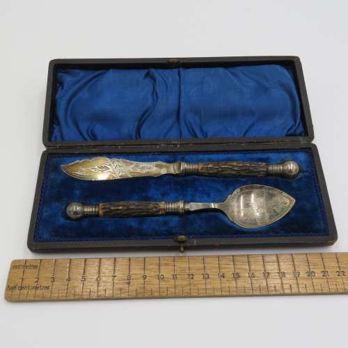 Antique Jam Spoon and butter knife set in case by Francis Howard