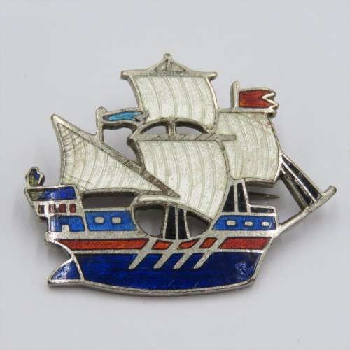 Vintage enamelled ship brooch