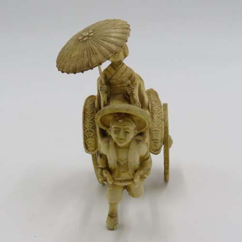 Vintage Japanese Celluloid Geisha girl rickshaw figurine