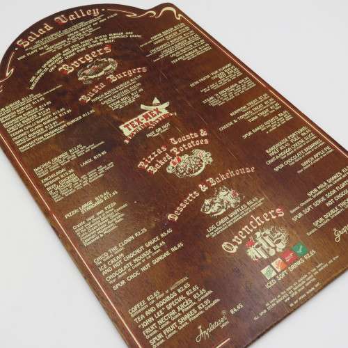 Vintage Colorado Spur Kathu wooden menu - Spur Burger R11,95