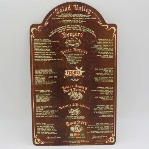 Vintage Colorado Spur Kathu wooden menu - Spur Burger R11,95