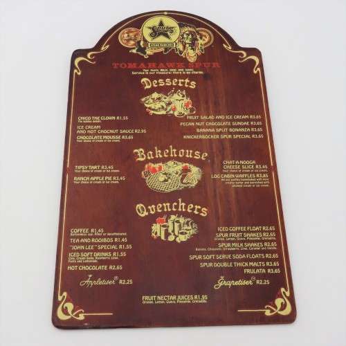 Vintage Tomahawk Spur Goodwood wooden desserts menu