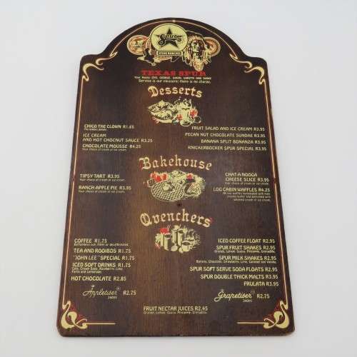 Vintage Texas Spur N1 City wooden desserts menu