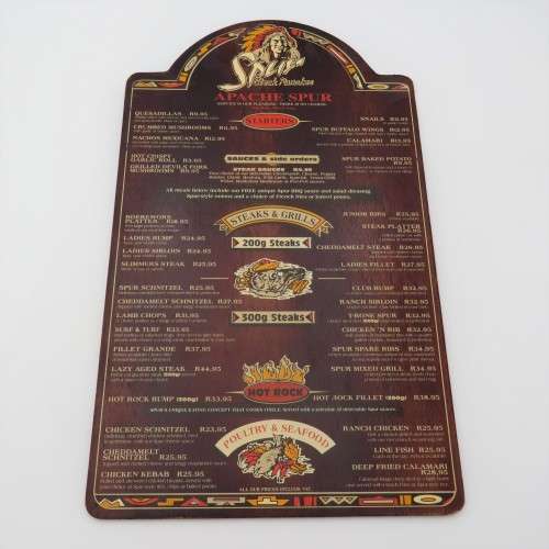 Vintage Apache Spur Cape Town wooden menu