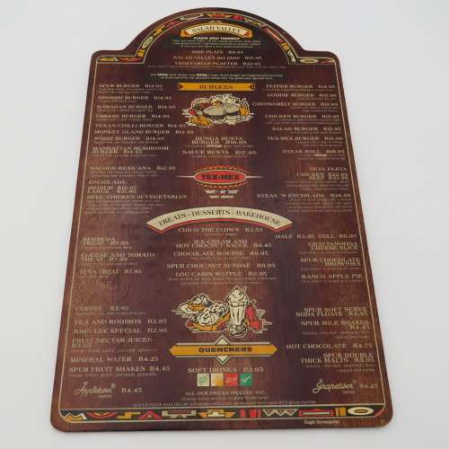 Vintage Apache Spur Cape Town wooden menu