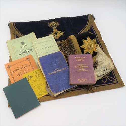 Lot of Free Masons apron and sash with booklets of Bro. Schlimper