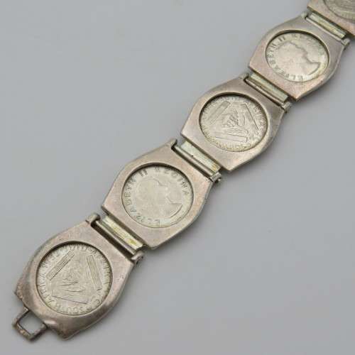 Sterling silver bracelet with 7 South Africa tickey coins - Weighs 29,2 g
