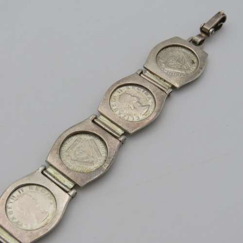 Sterling silver bracelet with 7 South Africa tickey coins - Weighs 29,2 g