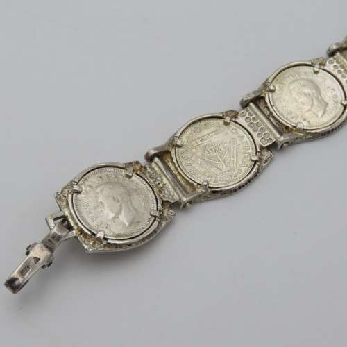 Sterling silver bracelet with 7 South Africa tickey coins - Weighs 29,2 g