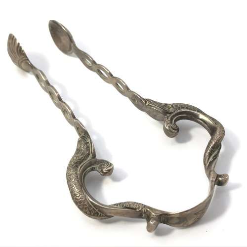 Unusual sugar tongs with fish shell ends - Silver, but no marks visible
