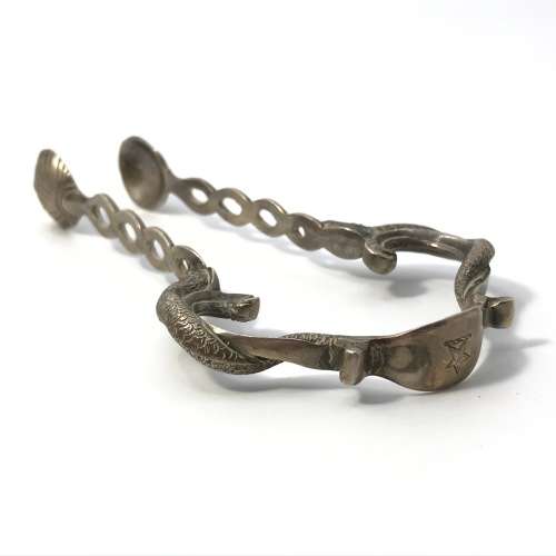 Unusual sugar tongs with fish shell ends - Silver, but no marks visible