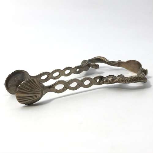 Unusual sugar tongs with fish shell ends - Silver, but no marks visible
