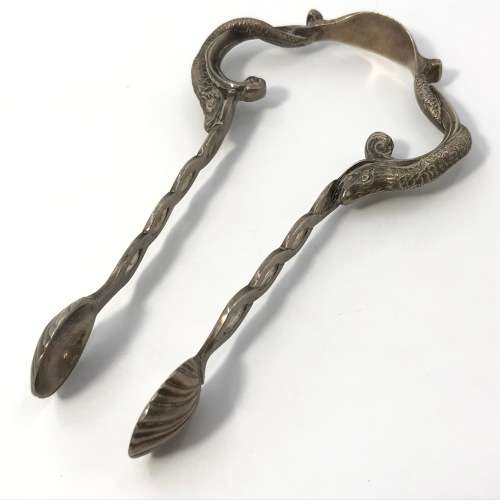 Unusual sugar tongs with fish shell ends - Silver, but no marks visible