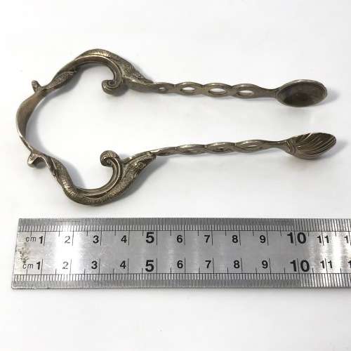 Unusual sugar tongs with fish shell ends - Silver, but no marks visible