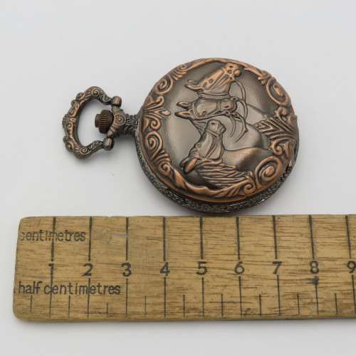 Full hunter bronze quartz pocketwatch with 3 horses motif - Needs battery