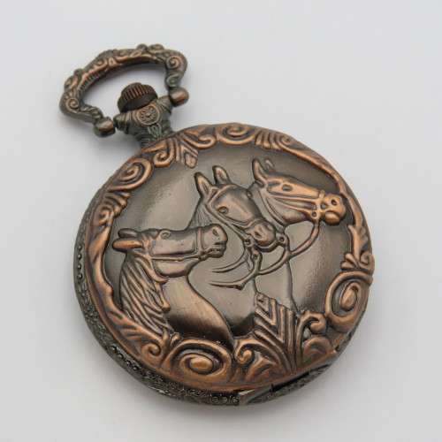 Full hunter bronze quartz pocketwatch with 3 horses motif - Needs battery
