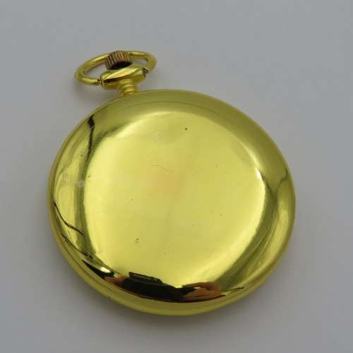 Open Face black dial quartz pocketwatch with train motif - Needs battery