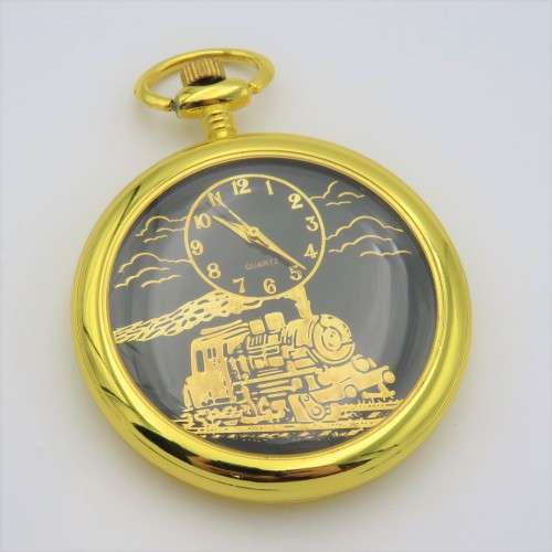 Open Face black dial quartz pocketwatch with train motif - Needs battery