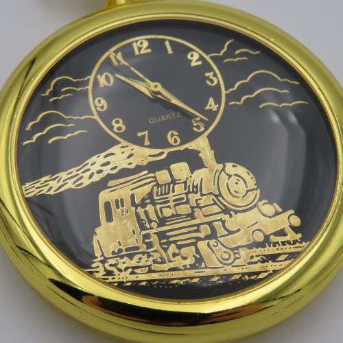Open Face black dial quartz pocketwatch with train motif - Needs battery