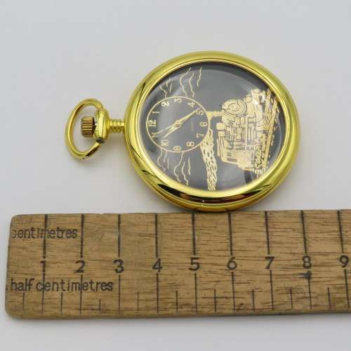 Open Face black dial quartz pocketwatch with train motif - Needs battery