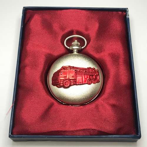 Full Hunter quartz pocket watch with red fire engine - needs battery