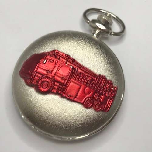 Full Hunter quartz pocket watch with red fire engine - needs battery