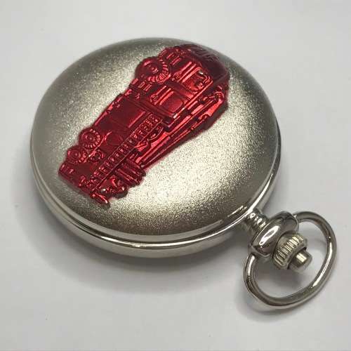 Full Hunter quartz pocket watch with red fire engine - needs battery