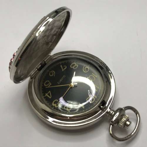 Full Hunter quartz pocket watch with red fire engine - needs battery