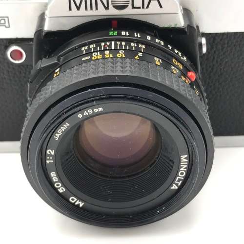 Vintage Minolta XG-A 35mm camera with 50mm 1:2 lens plus flash and Minolta 200mm 1:3,5 lens in bag