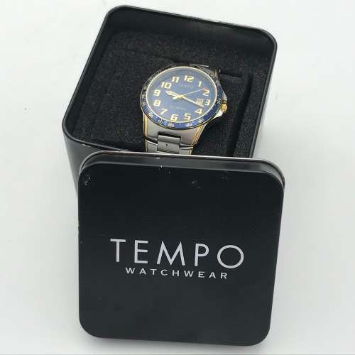 Tempo Quartz mens watch with blue dial - working