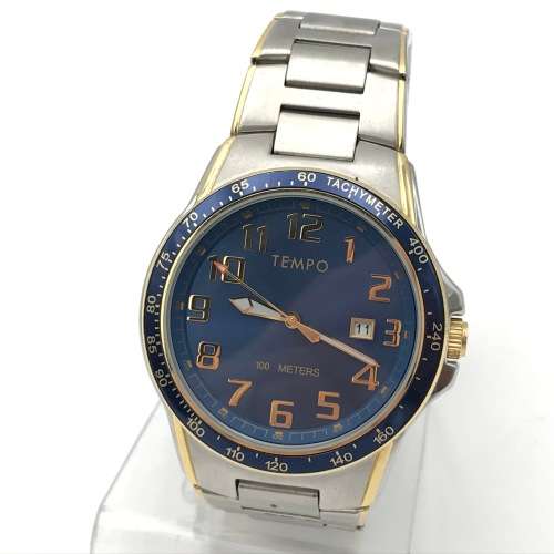 Tempo Quartz mens watch with blue dial - working