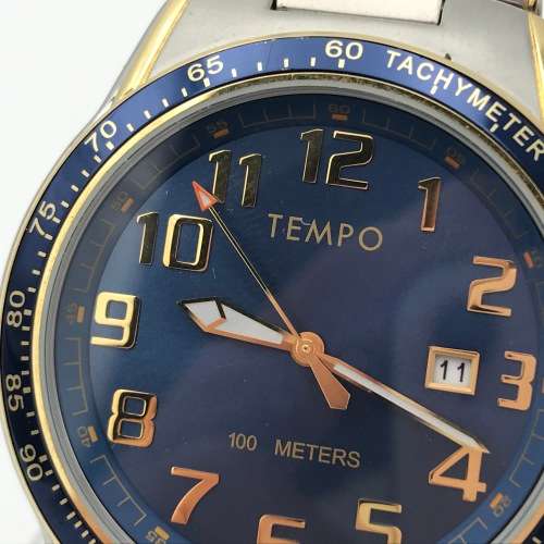 Tempo Quartz mens watch with blue dial - working