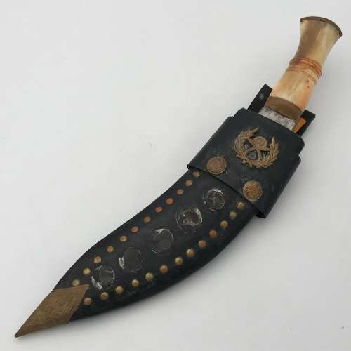 Traditional Nepalese Kukri dagger with 2 smaller knives and sheath decorated