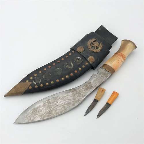 Traditional Nepalese Kukri dagger with 2 smaller knives and sheath decorated