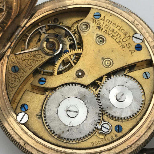 Antique Waltham gold plated full hunter pocket watch - well used - not working - no glass - 6 x 5cm