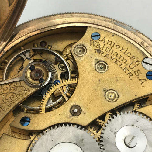 Antique Waltham gold plated full hunter pocket watch - well used - not working - no glass - 6 x 5cm