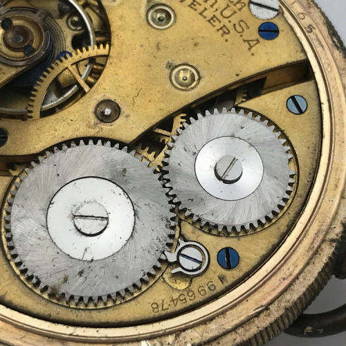 Antique Waltham gold plated full hunter pocket watch - well used - not working - no glass - 6 x 5cm