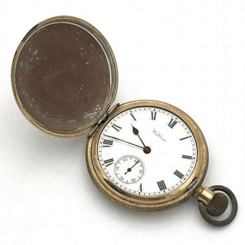 Antique Waltham gold plated full hunter pocket watch - well used - not working - no glass - 6 x 5cm