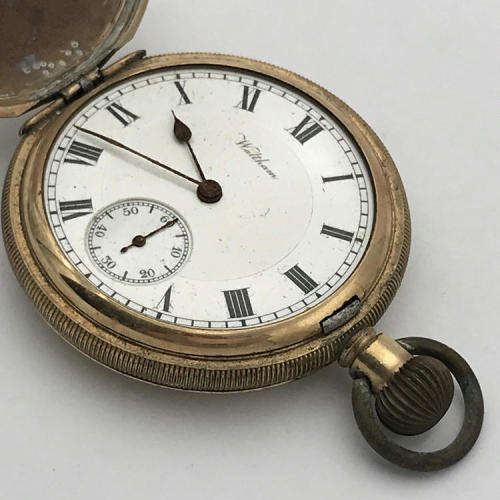 Antique Waltham gold plated full hunter pocket watch - well used - not working - no glass - 6 x 5cm