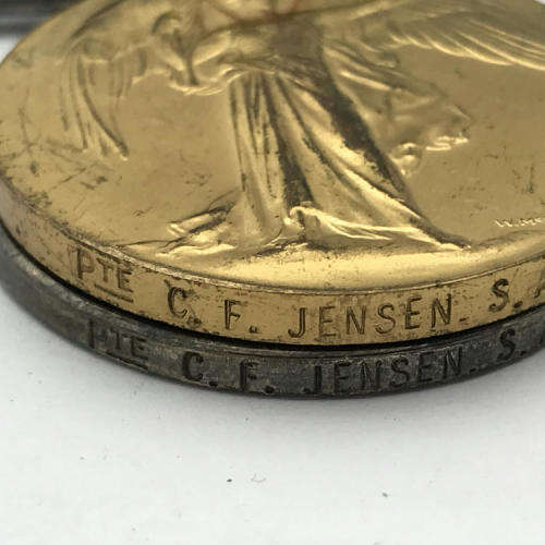 WW1 Trio medal group issued tp Private C.F. Jensen, SA Medical corps, 7th infantry