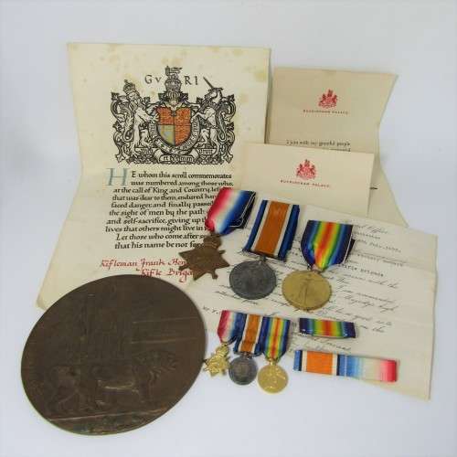 WW1 Death Plaque and trio medal set issued to Z/2937 Private Frank Henry Padbury , Rifle Brigade